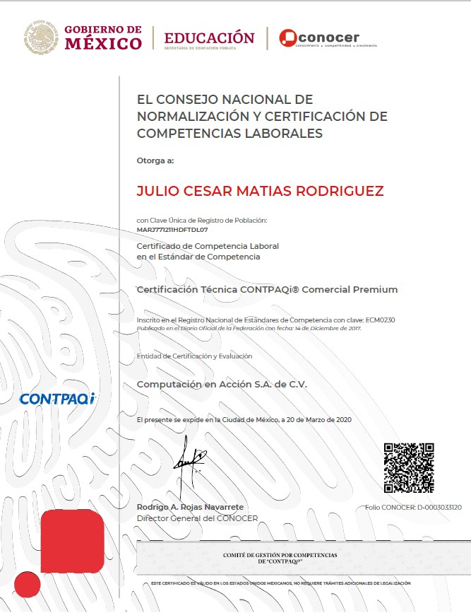 Certificación Técnica CONTPAQi Comercial Premium